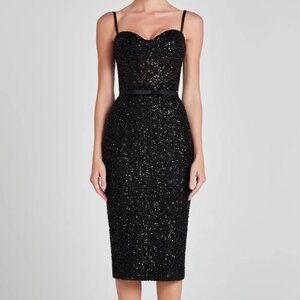 NADINE MERABI Black Sequin Sweetheart Midi Dress